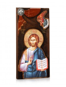 Ιησούς Χριστός Ευλογών - Ξυλόγλυπτη, με μεταλλική διακόσμηση
